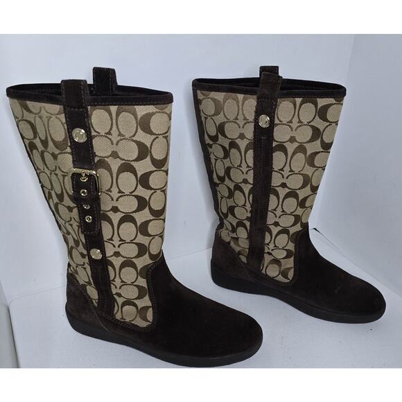 COACH Tullip Boots Suede Signature C canvas Brown/Beige size 8 1/2 B A7746 - Picture 4 of 11